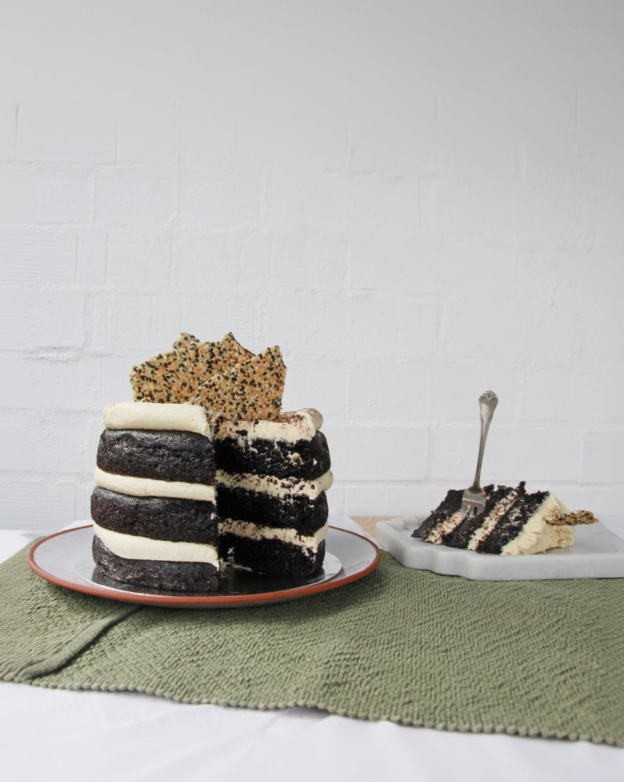 Dark Cocoa Sponge Cake with Tahini Buttercream